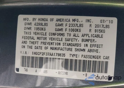 2010 Honda Accord 2.4 Lx из США, поврежденный, VIN 1HGCP2F37AA179835